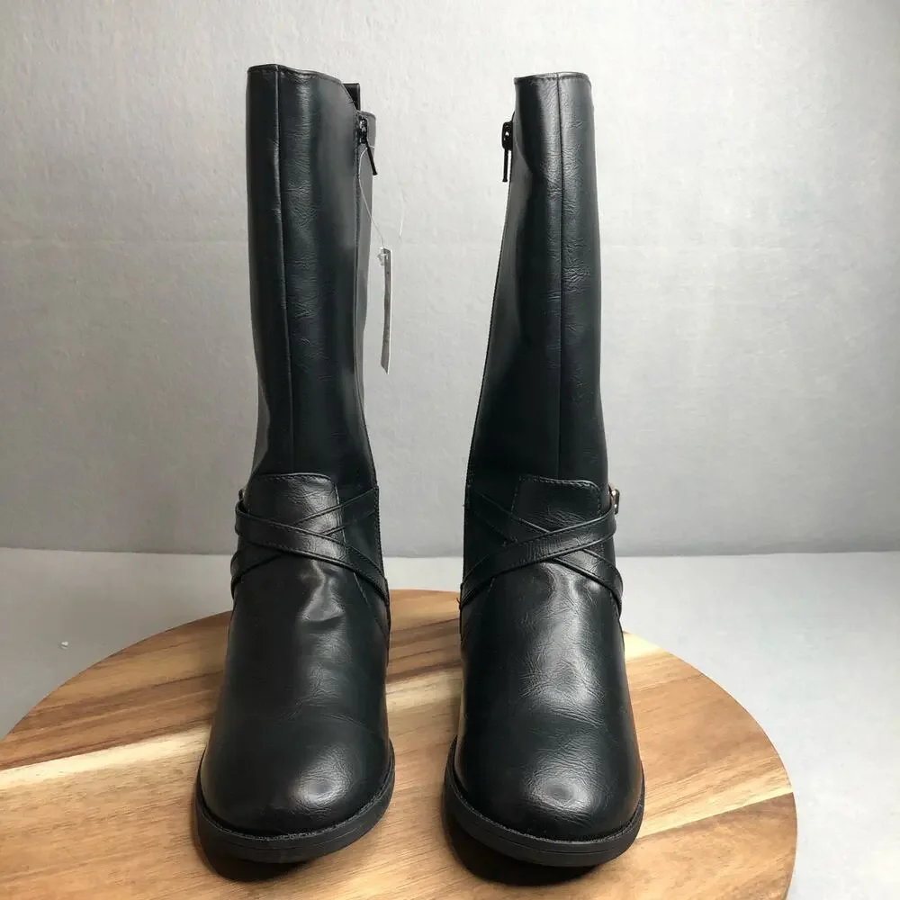 Childrens Place NWT Girl Buckle Tall Boots Black Size 4 Side Zipper Faux Leather